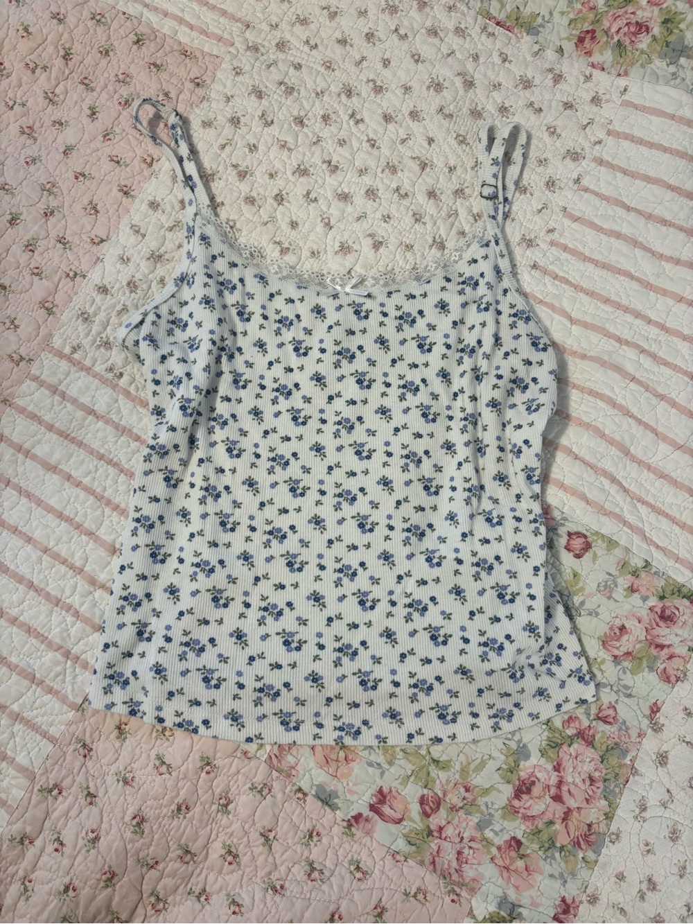 Hollister White Ribbed Cami with Blue Floral Print